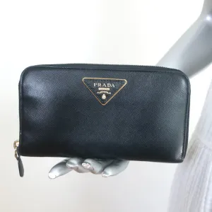 Prada Saffiano Leather Zip Around Wallet Black