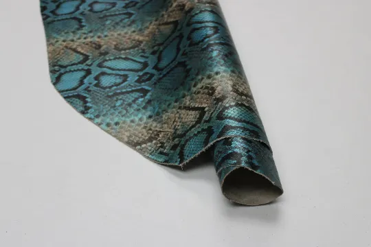 PYTHON PRINTED LEATHER Blue Metallic: Genuine Leather 2.5-3 oz. - Perfect for Handbags and Leather Crafts!