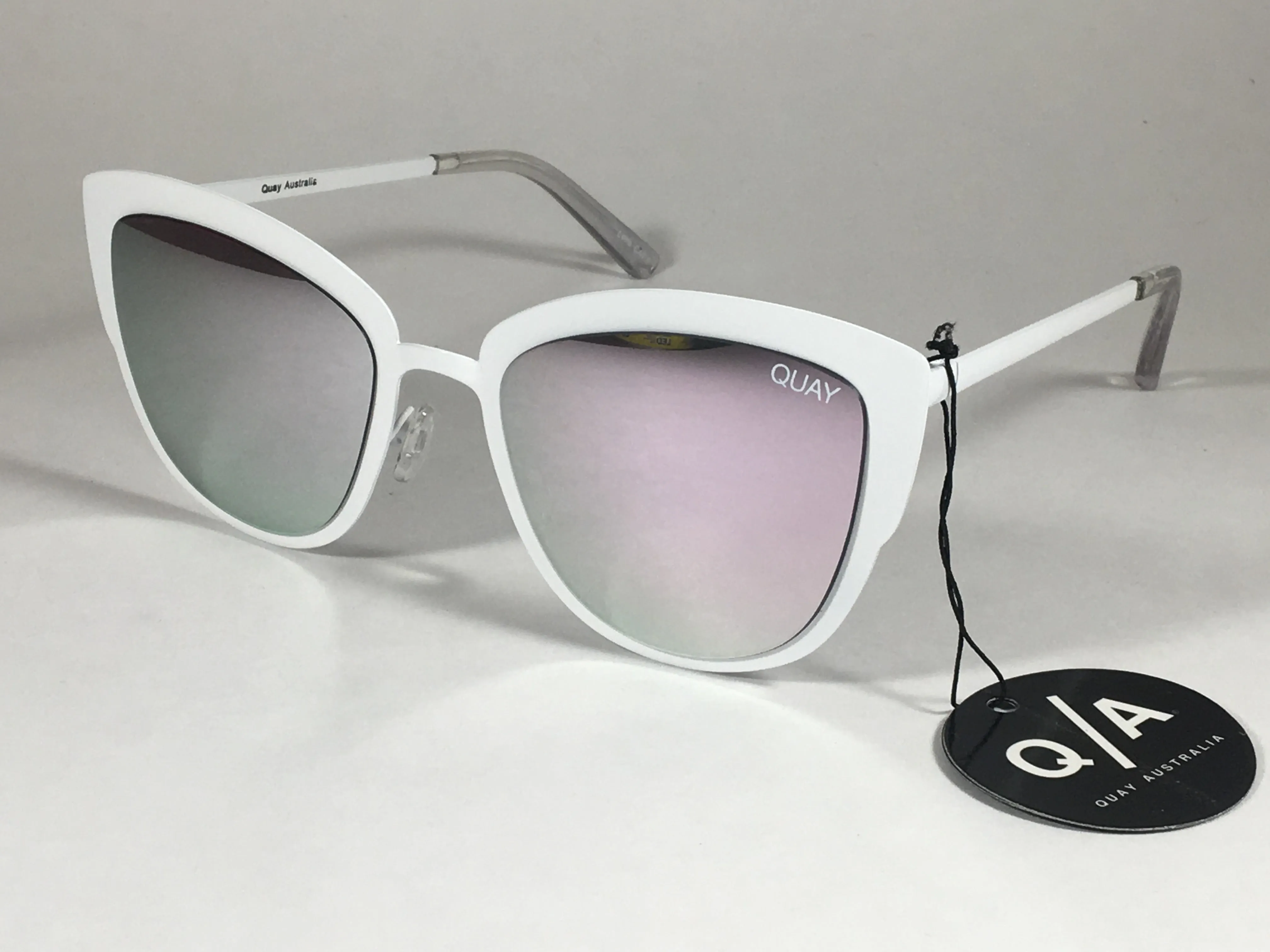 Quay Super Girl Sunglasses Large Cat Eye White Metal Lilac Pink Rose Mirror Lens QW000138 WHT/LIL