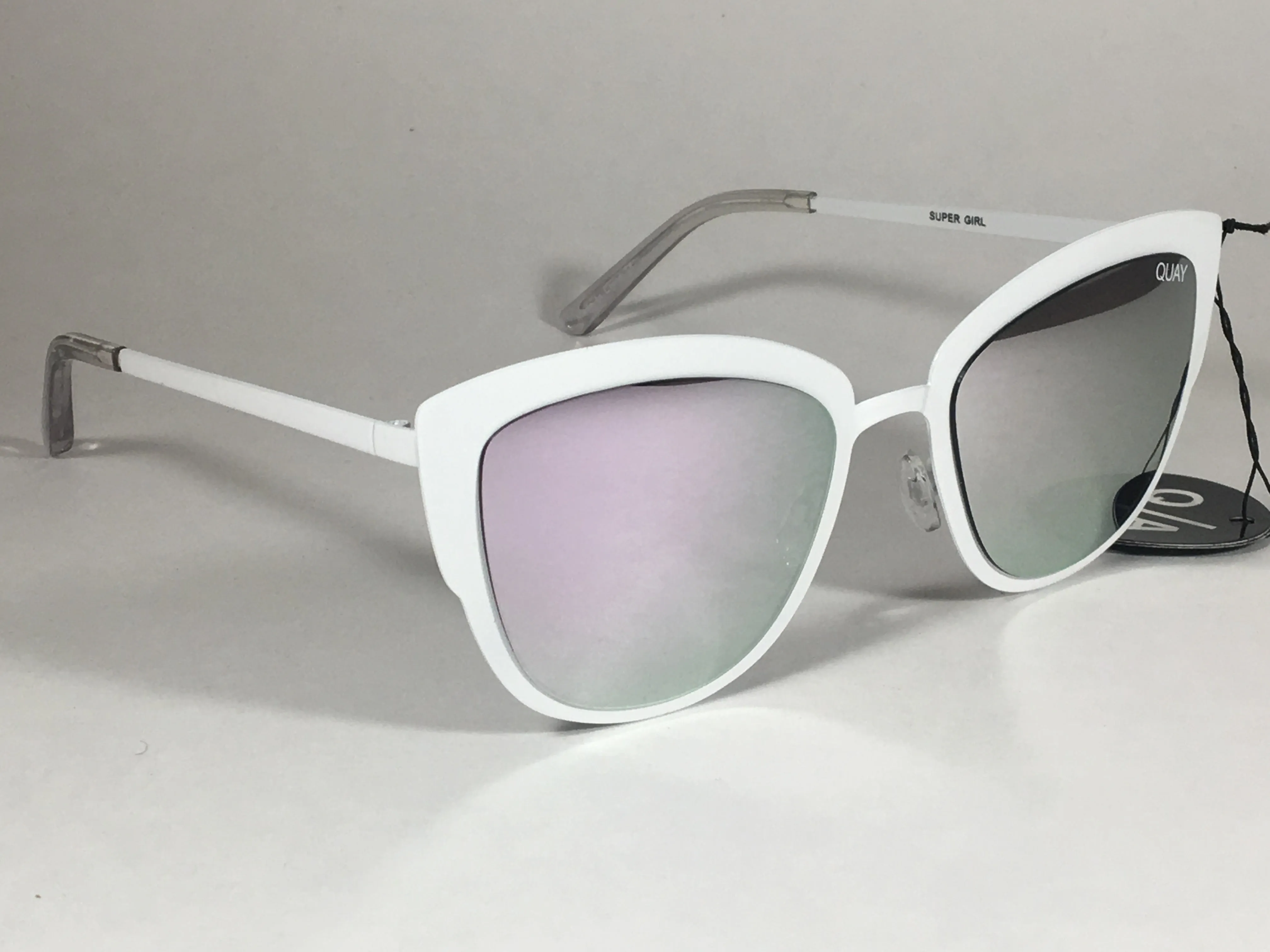 Quay Super Girl Sunglasses Large Cat Eye White Metal Lilac Pink Rose Mirror Lens QW000138 WHT/LIL