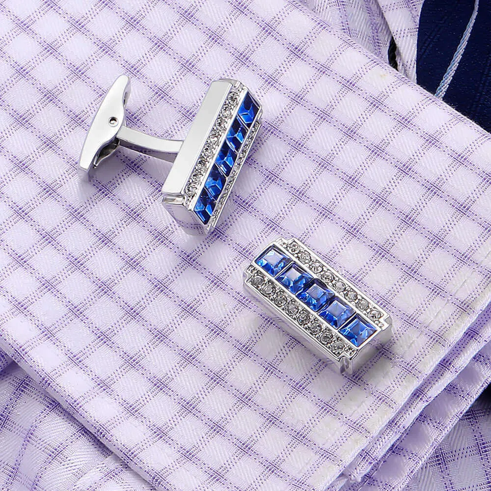 Rectangular Embellished Blue Crystal Cufflinks