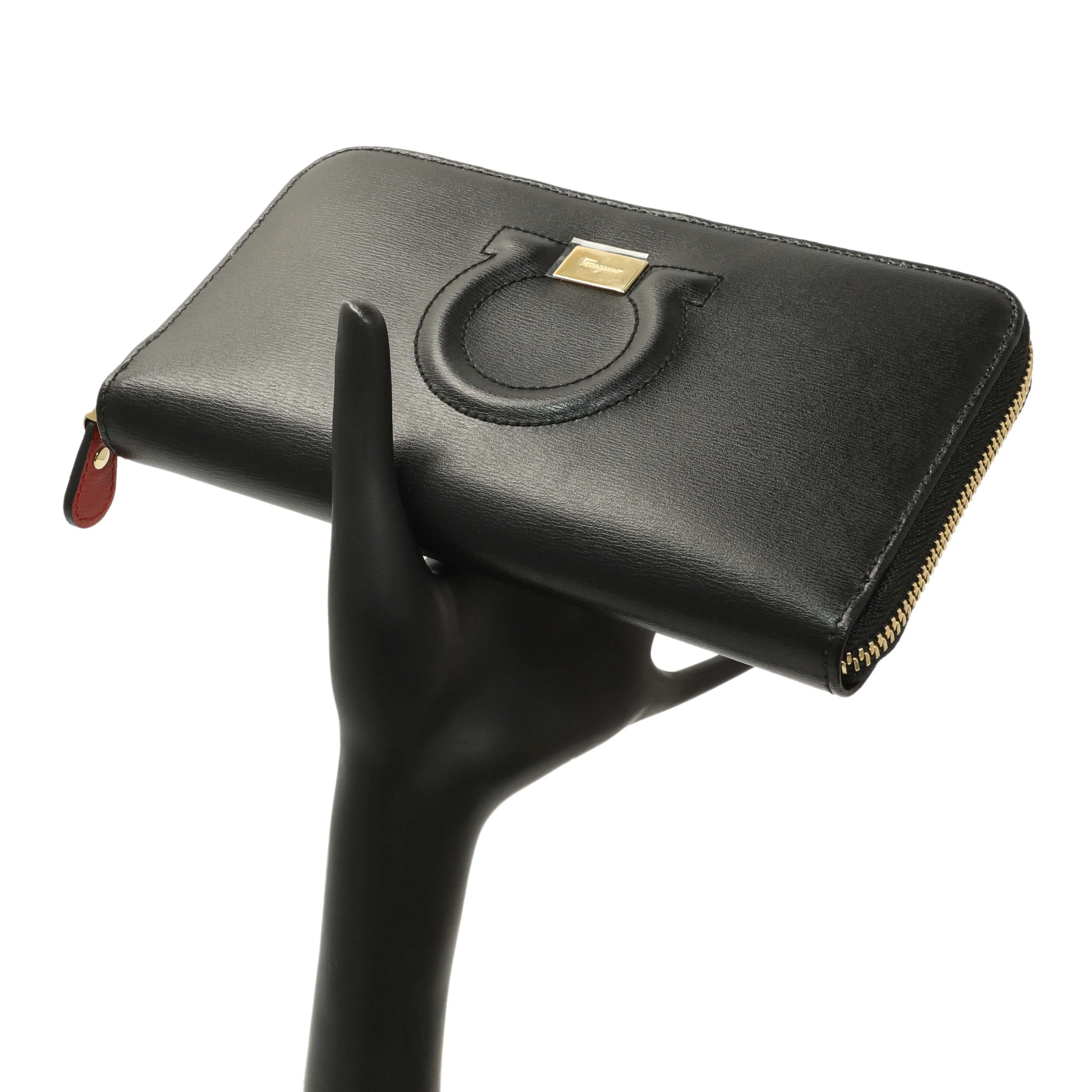 Salvatore Ferragamo Black Calfskin Gancini Zip Around Wallet