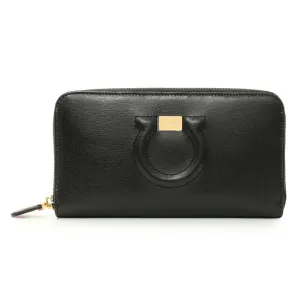 Salvatore Ferragamo Black Calfskin Gancini Zip Around Wallet
