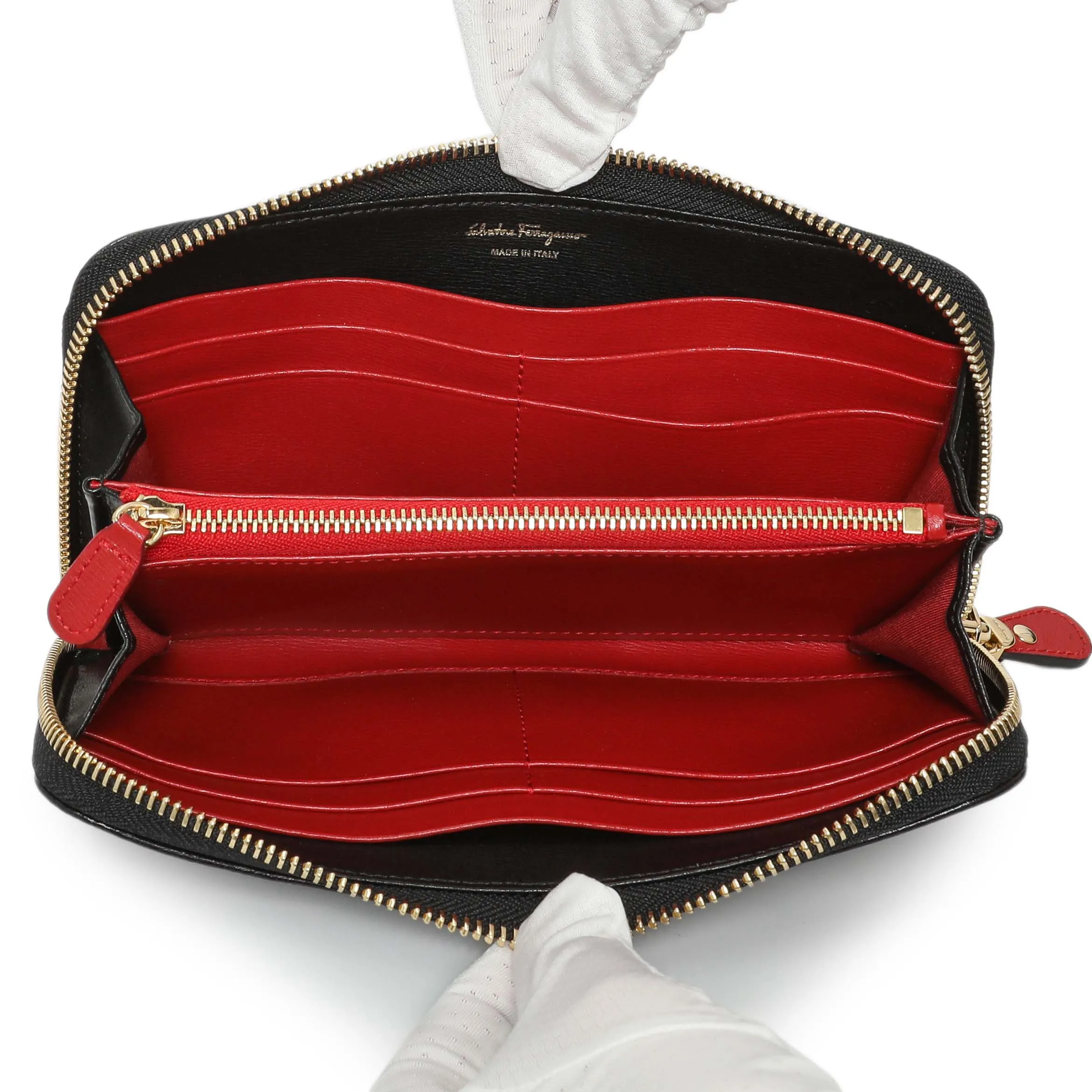 Salvatore Ferragamo Black Calfskin Gancini Zip Around Wallet