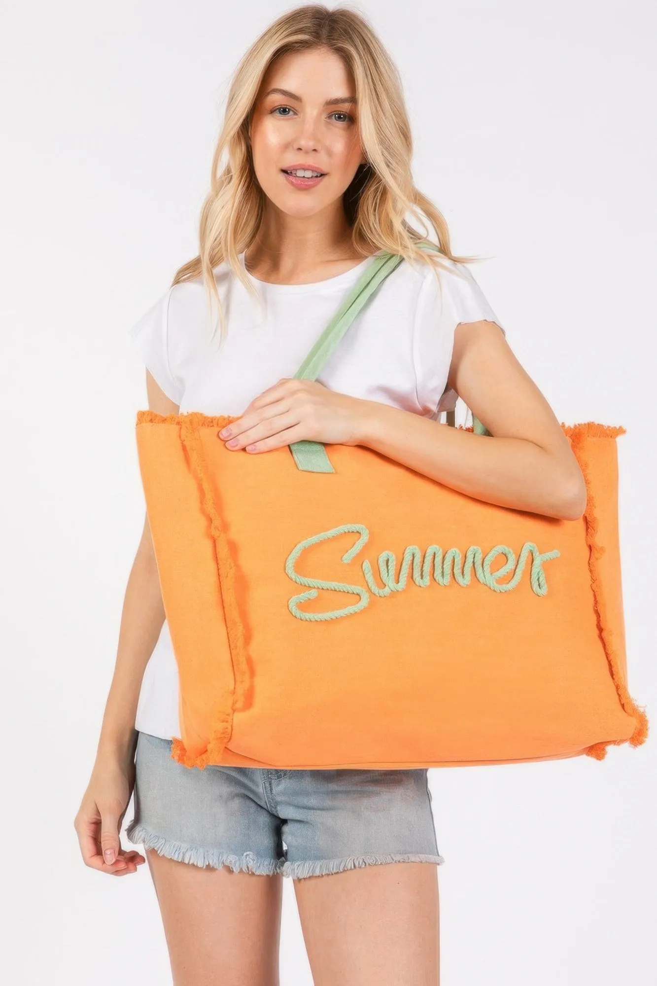Sewn Rope Summer Letter Fringed Canvas Bag