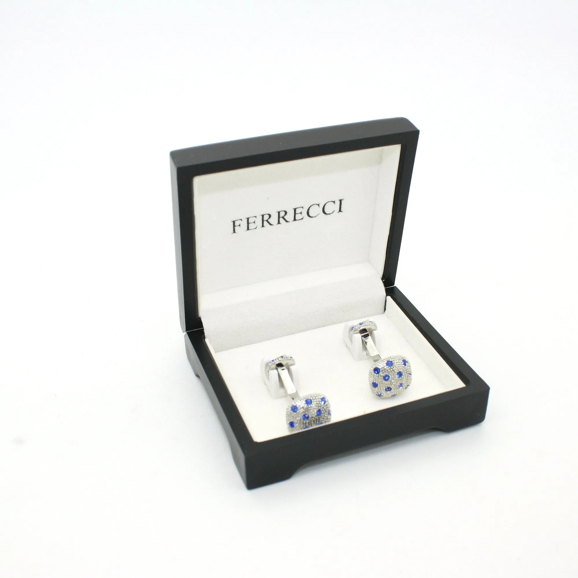 Silvertone Blue Gemstone Metal Cuff Links With Jewelry Box
