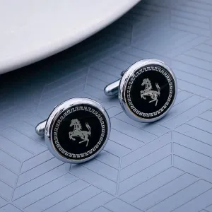 Sleek Black and Silver Prancing Horse Cufflinks for Men Presentation Gift Box