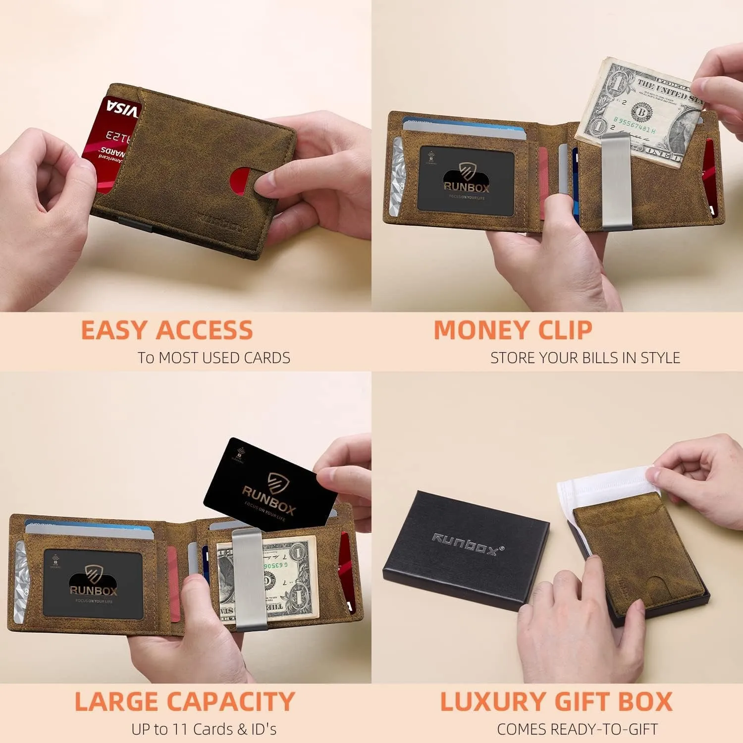 Slim Leather Bifold Wallets for Men with Money Clip