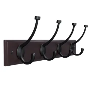 SONGMICS Wooden Wall Mounted Coat Rack 16 Inch Rail with 4 Metal Hooks for Entryway Bathroom Closet Room Dark Brown ULHR20Z