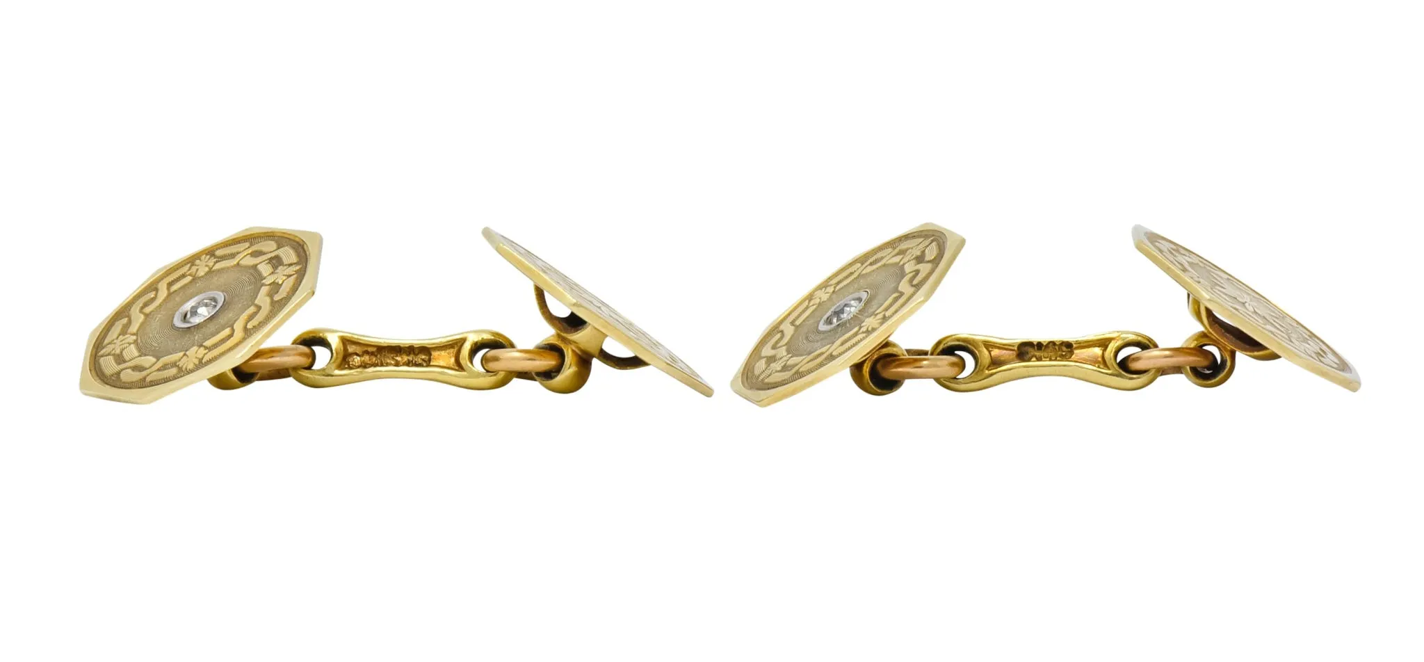 Strobell & Crane 1915 Edwardian Old European Diamond 14 Karat Gold Men's Disk Cufflinks