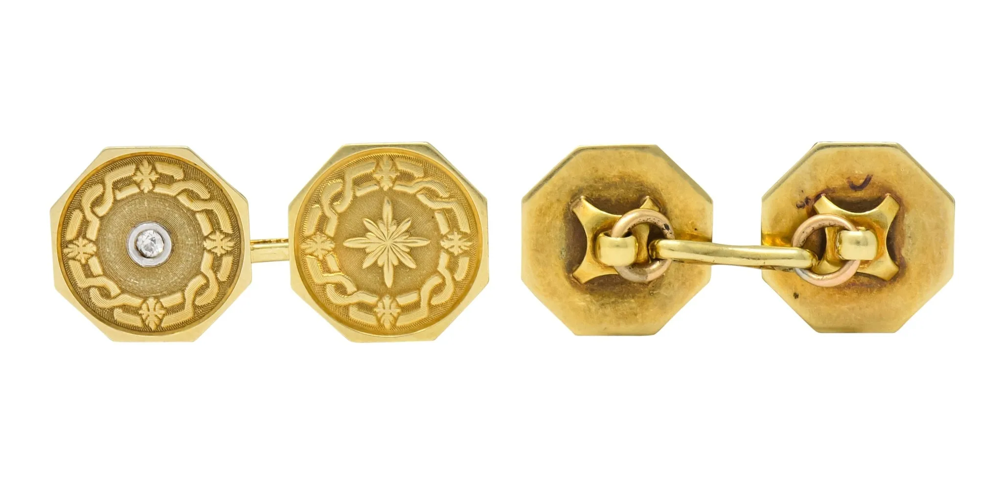 Strobell & Crane 1915 Edwardian Old European Diamond 14 Karat Gold Men's Disk Cufflinks