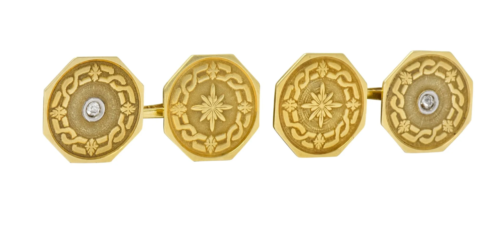 Strobell & Crane 1915 Edwardian Old European Diamond 14 Karat Gold Men's Disk Cufflinks
