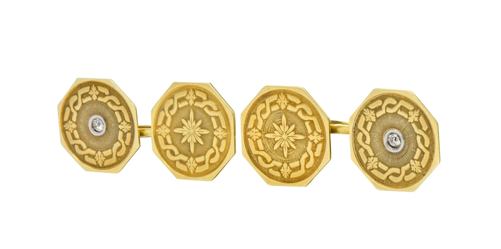 Strobell & Crane 1915 Edwardian Old European Diamond 14 Karat Gold Men's Disk Cufflinks