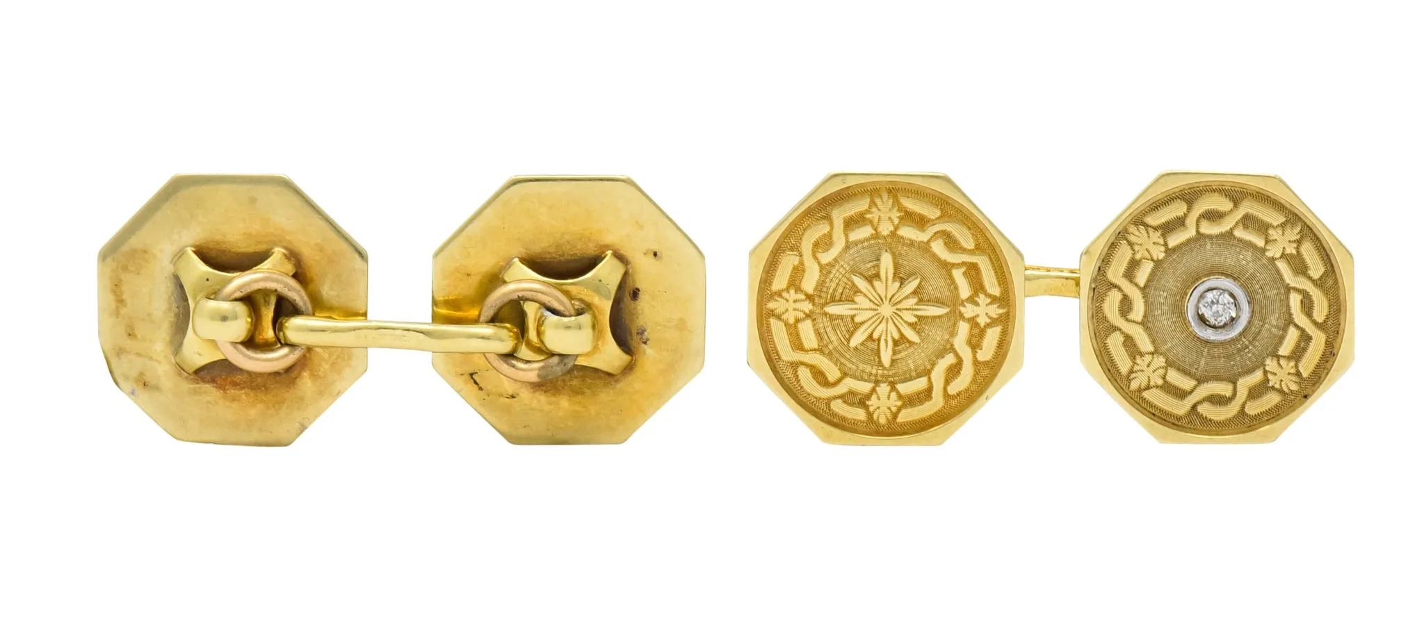 Strobell & Crane 1915 Edwardian Old European Diamond 14 Karat Gold Men's Disk Cufflinks