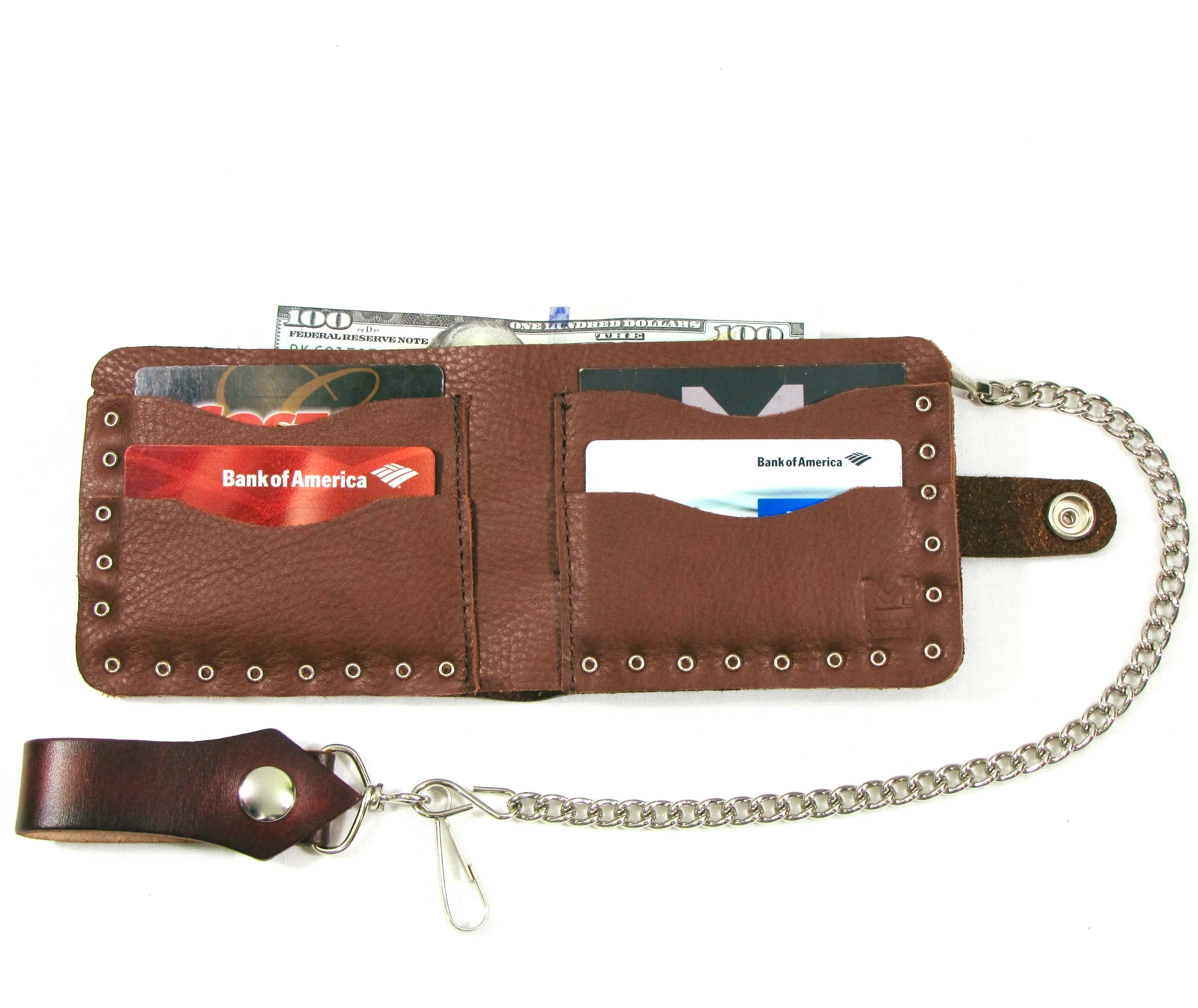 Studded Antique Finish Billfold w/Chain-Aztec Warrior