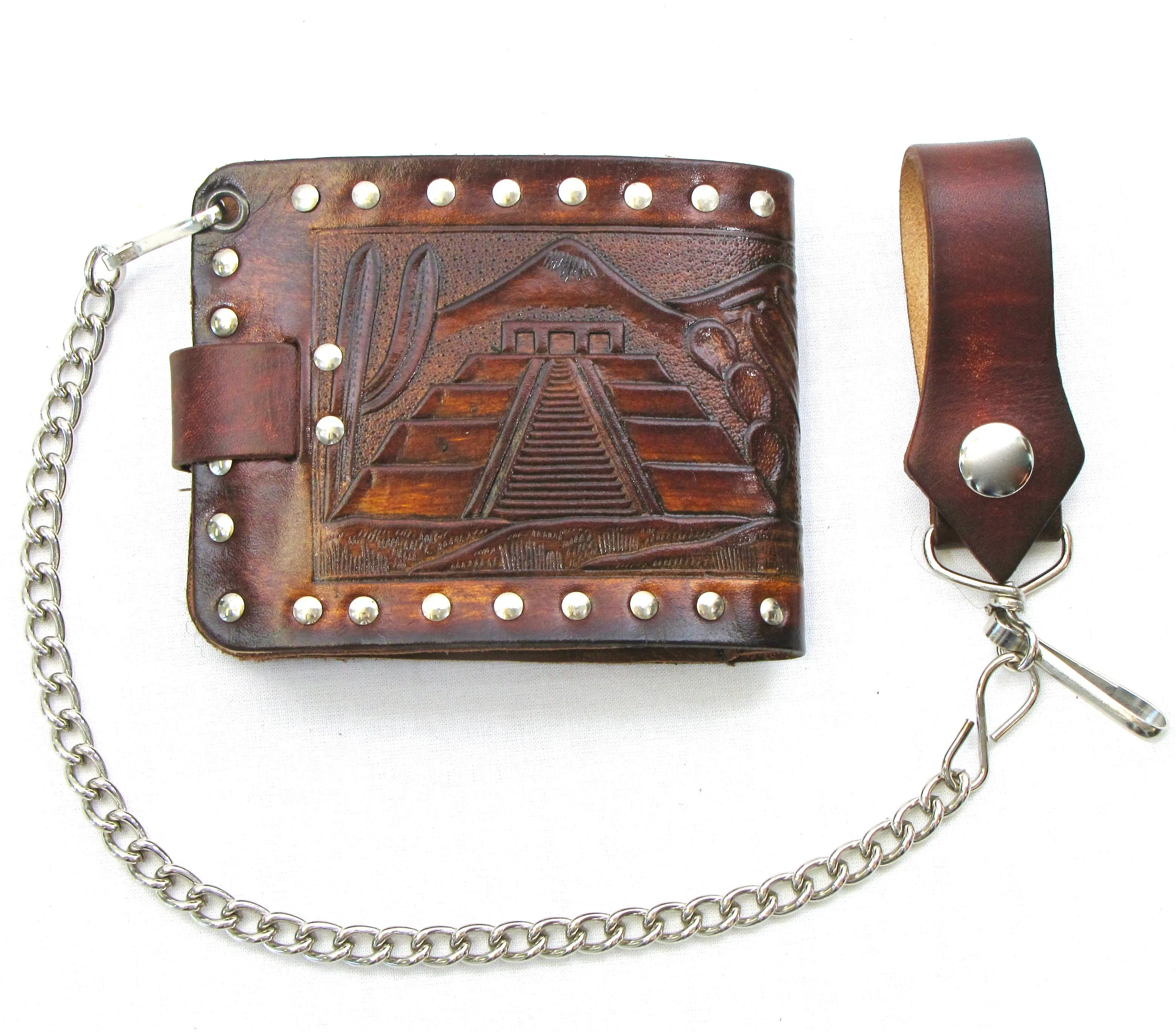 Studded Antique Finish Billfold w/Chain-Aztec Warrior