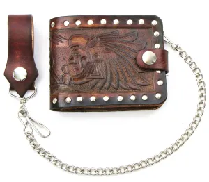 Studded Antique Finish Billfold w/Chain-Aztec Warrior