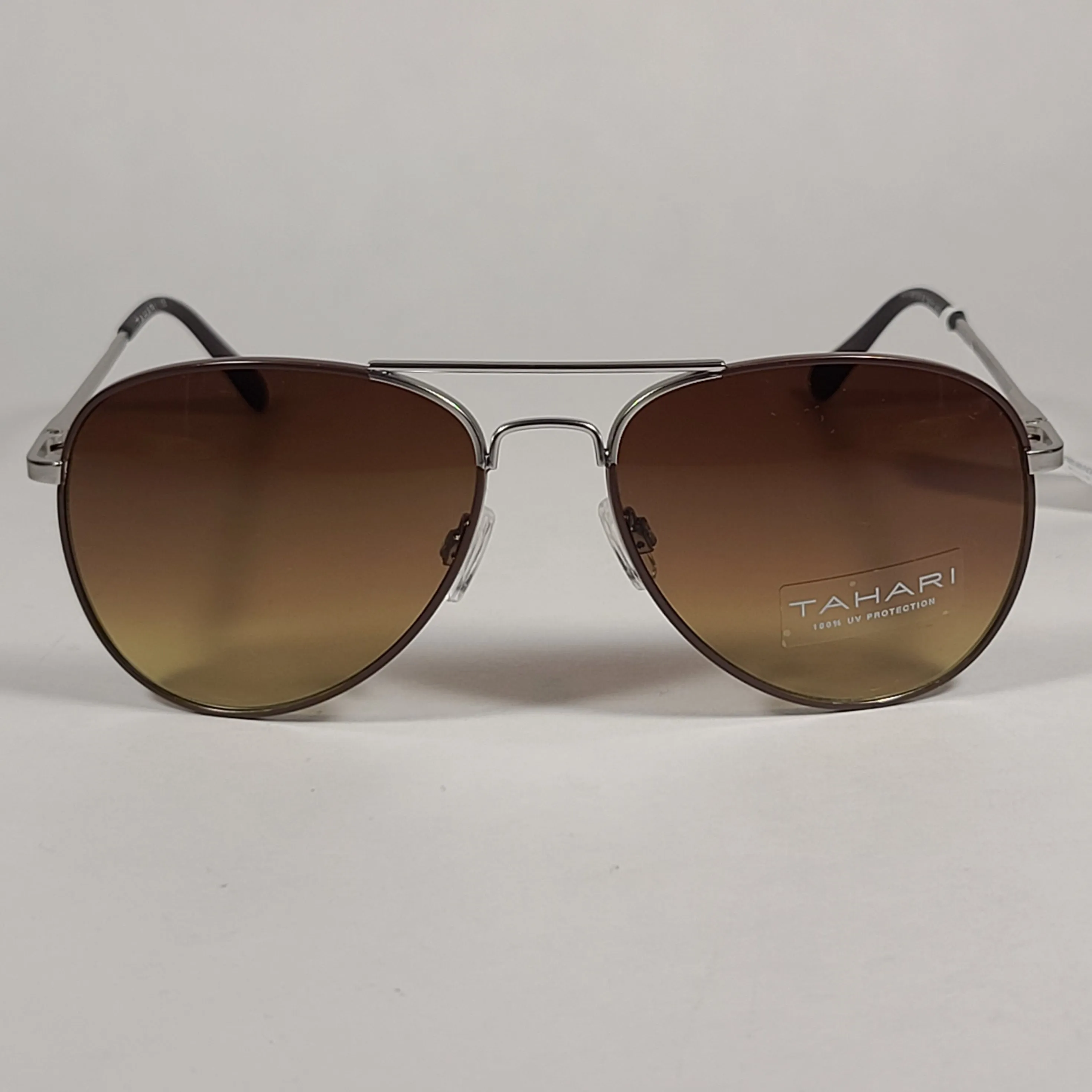 Tahari Aviator Sunglasses Brown Gray Matte Silver Frame Brown Olive Tinted Lens TM113 MSVBR