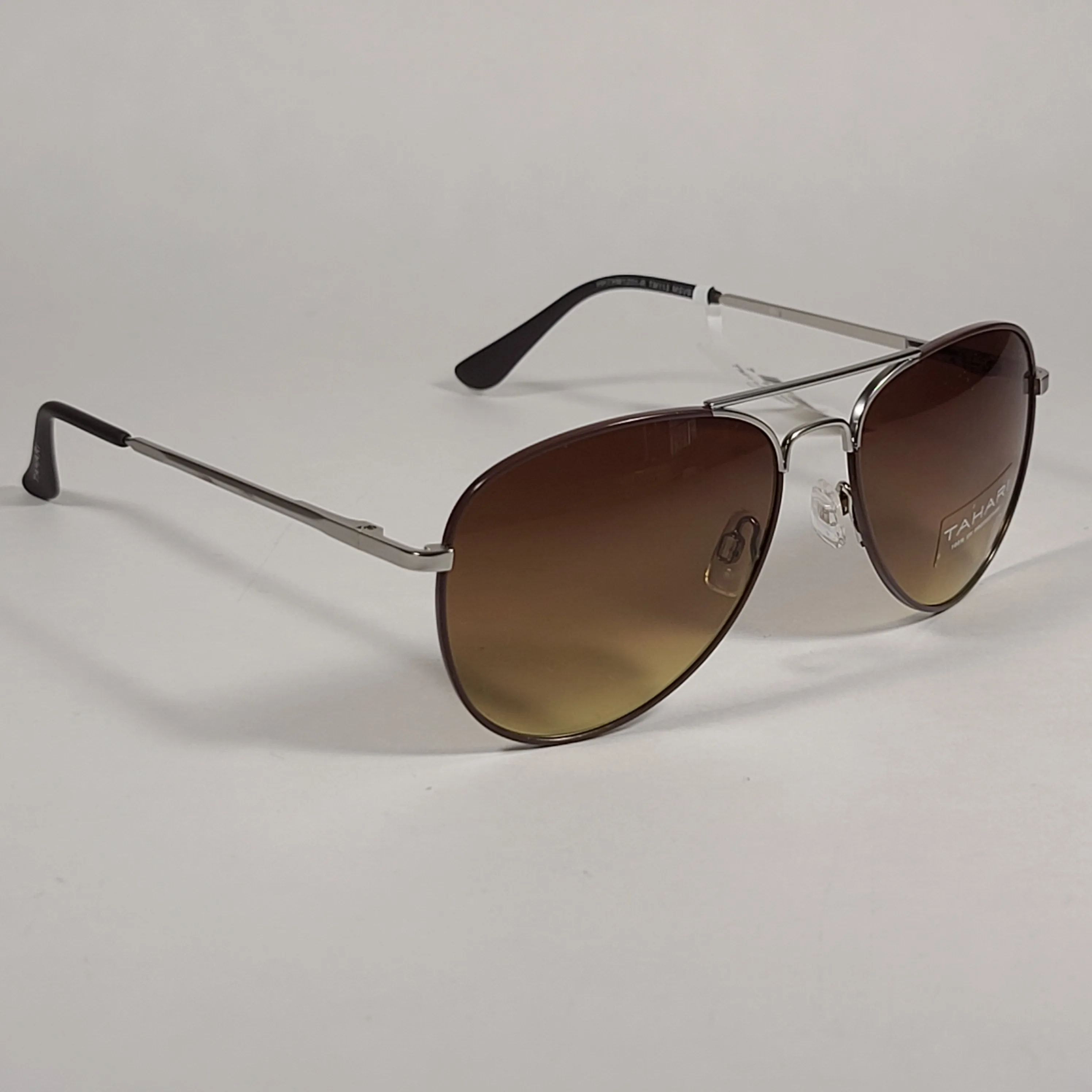 Tahari Aviator Sunglasses Brown Gray Matte Silver Frame Brown Olive Tinted Lens TM113 MSVBR