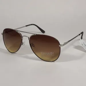 Tahari Aviator Sunglasses Brown Gray Matte Silver Frame Brown Olive Tinted Lens TM113 MSVBR