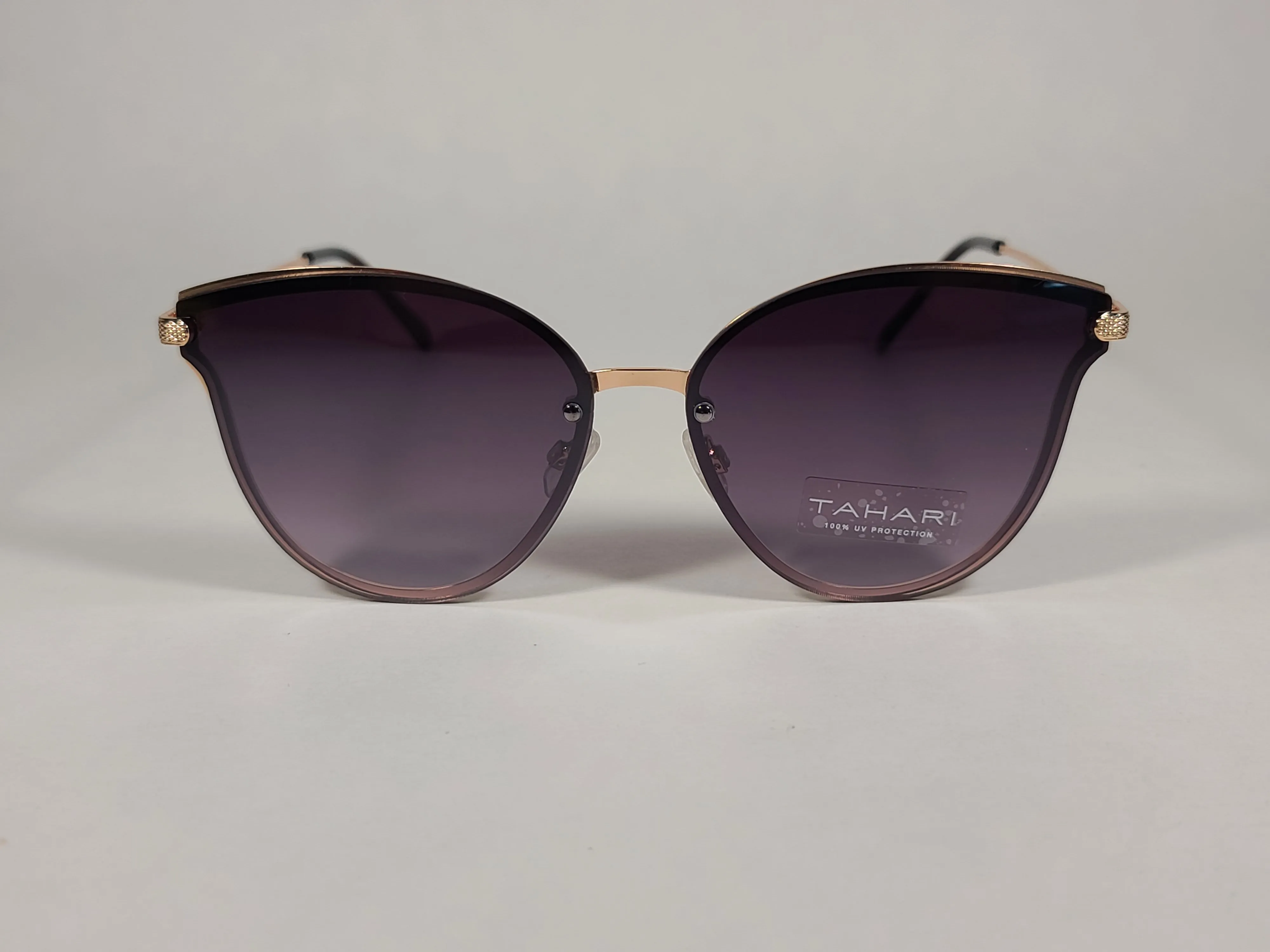 Tahari Rimless Cat Eye Sunglasses Black Gold Frame Gray Gradient Lens TH725 GLDOX