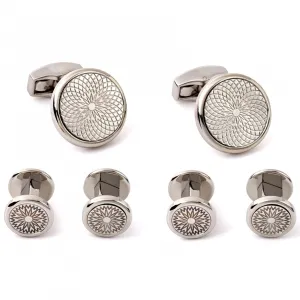 Tateossian Silver Cufflinks and Studs Set, RT Metal Rotondo Guilloche with Rhodium Silver case