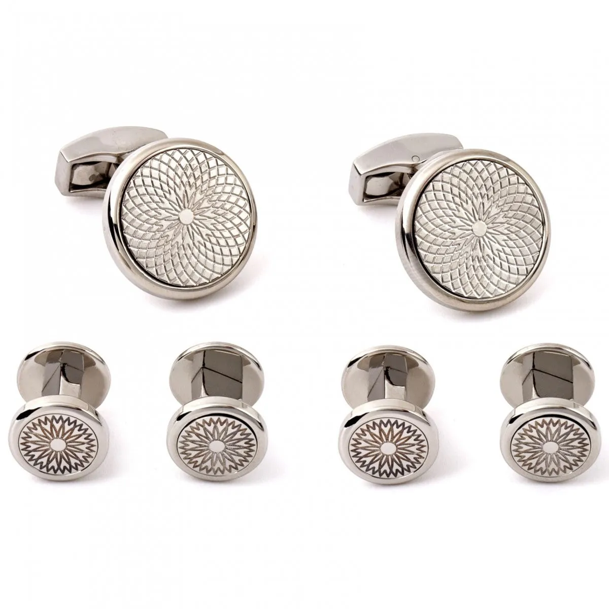 Tateossian Silver Cufflinks and Studs Set, RT Metal Rotondo Guilloche with Rhodium Silver case