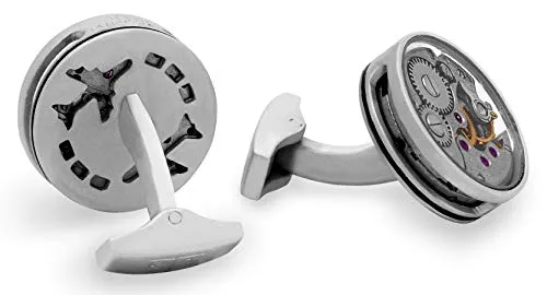 Tateossian Slim Skeleton Round Gear cufflinks with Matte Rhodium Finish, Silver