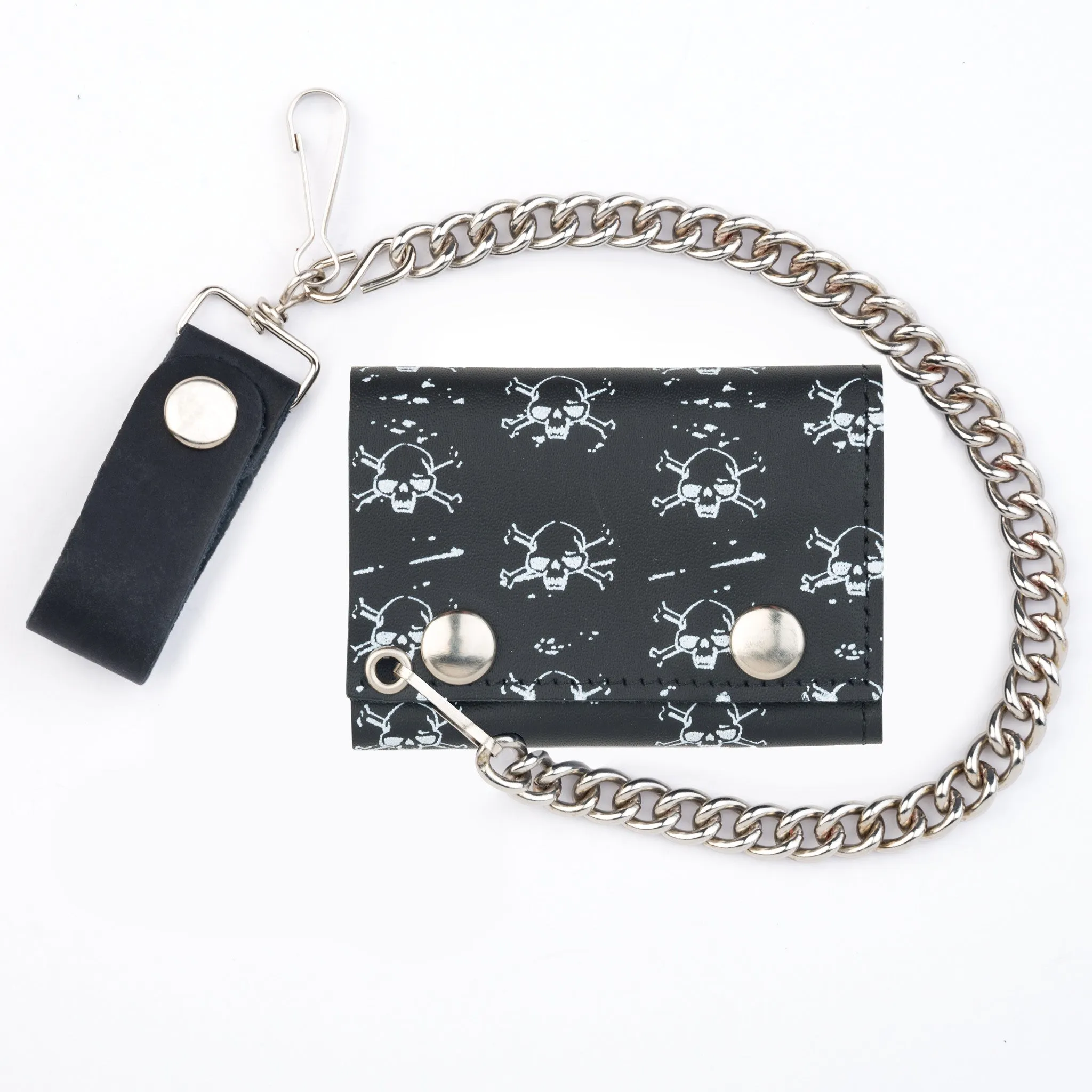 TC304-190W  Tri-Fold Wallet w/ Chain- Multi-Skull & Cross Bones