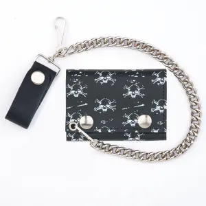 TC304-190W  Tri-Fold Wallet w/ Chain- Multi-Skull & Cross Bones