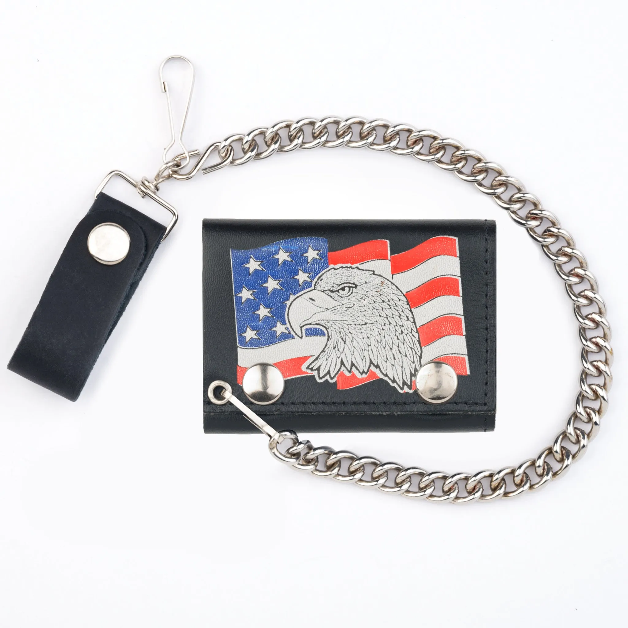 TC304CC-129  Tri-Fold Wallet w/ Chain- Eagle Head w/ Flag