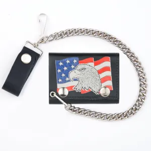TC304CC-129  Tri-Fold Wallet w/ Chain- Eagle Head w/ Flag