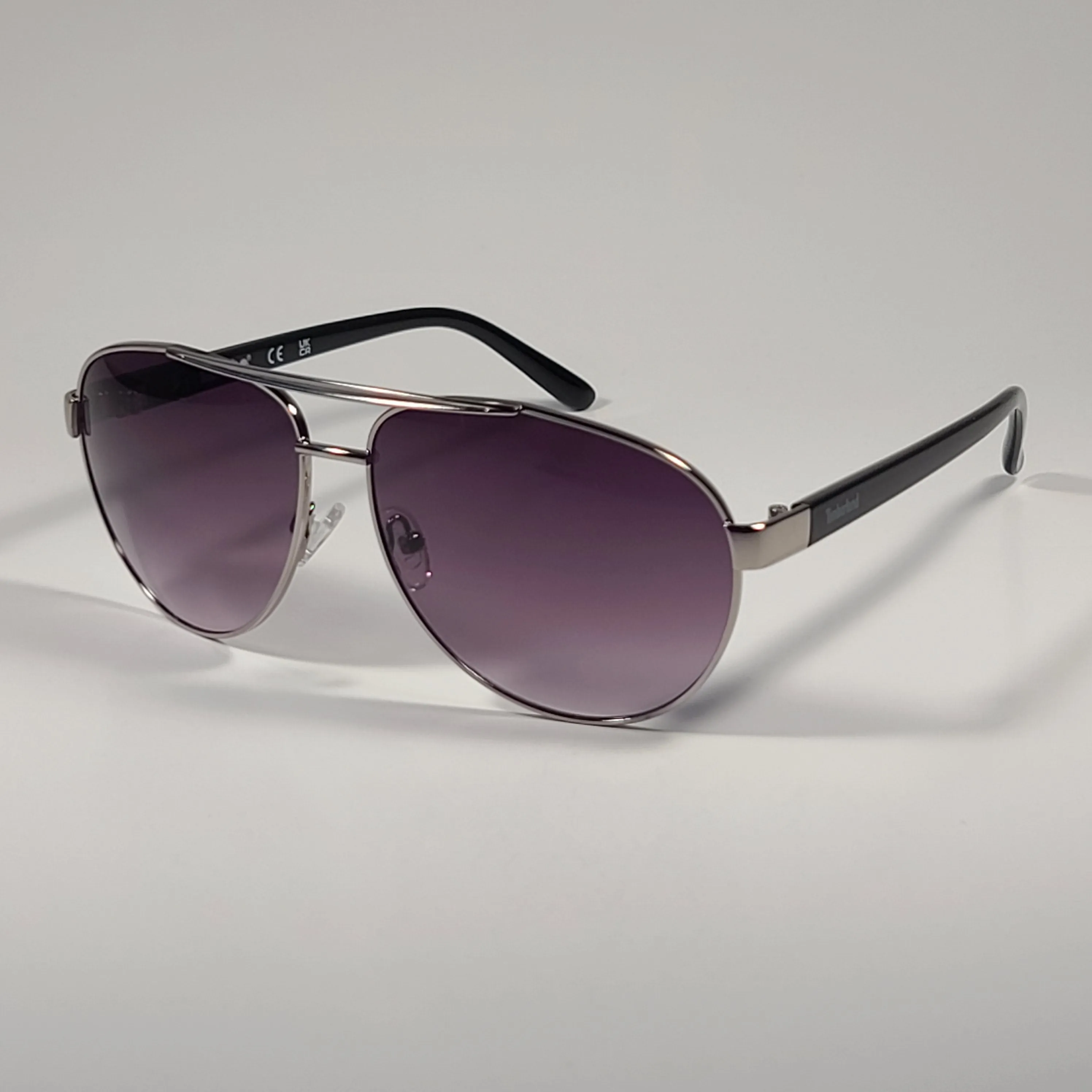 Timberland Aviator Sunglasses Silver Shiny Black Frame Smoke Gradient Lens TB7141 08B