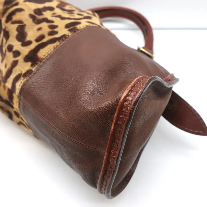 Valentino Bowling Bag Leopard Print Pony Hair & Brown Leather Large Shoulder Bag