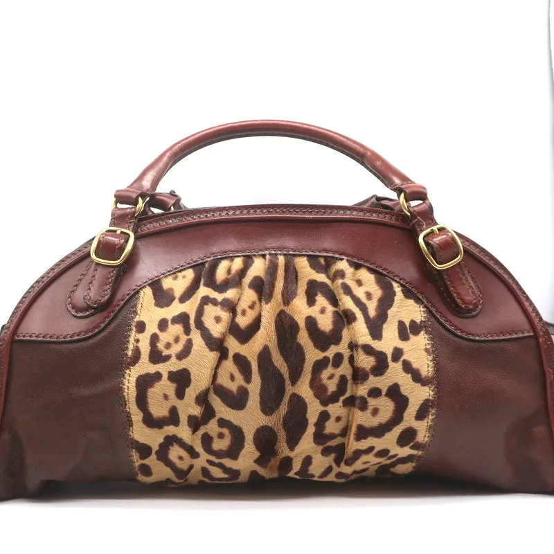 Valentino Bowling Bag Leopard Print Pony Hair & Brown Leather Large Shoulder Bag