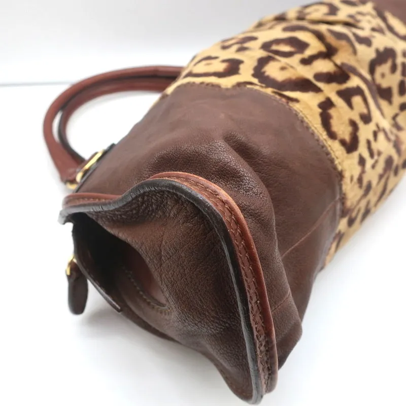 Valentino Bowling Bag Leopard Print Pony Hair & Brown Leather Large Shoulder Bag