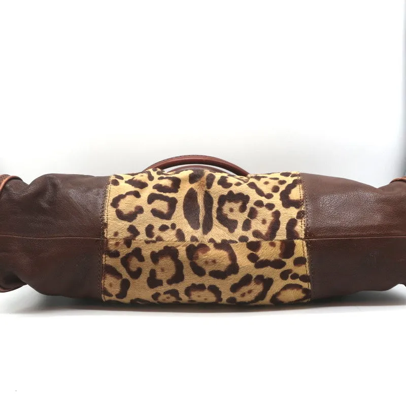 Valentino Bowling Bag Leopard Print Pony Hair & Brown Leather Large Shoulder Bag