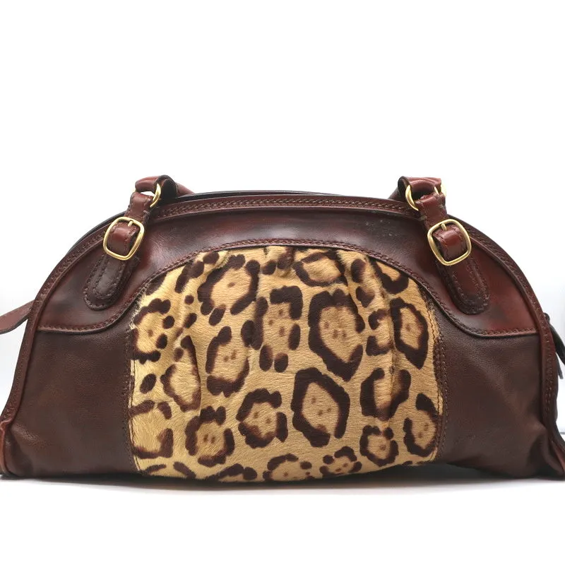 Valentino Bowling Bag Leopard Print Pony Hair & Brown Leather Large Shoulder Bag