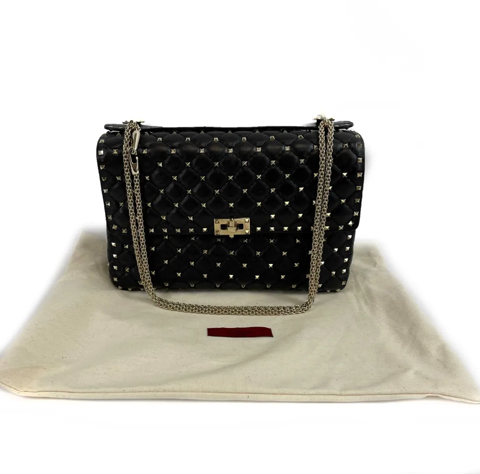 Valentino Garavani - Black Rockstud Spike Bag Large Top Handle Bag w/ Chain