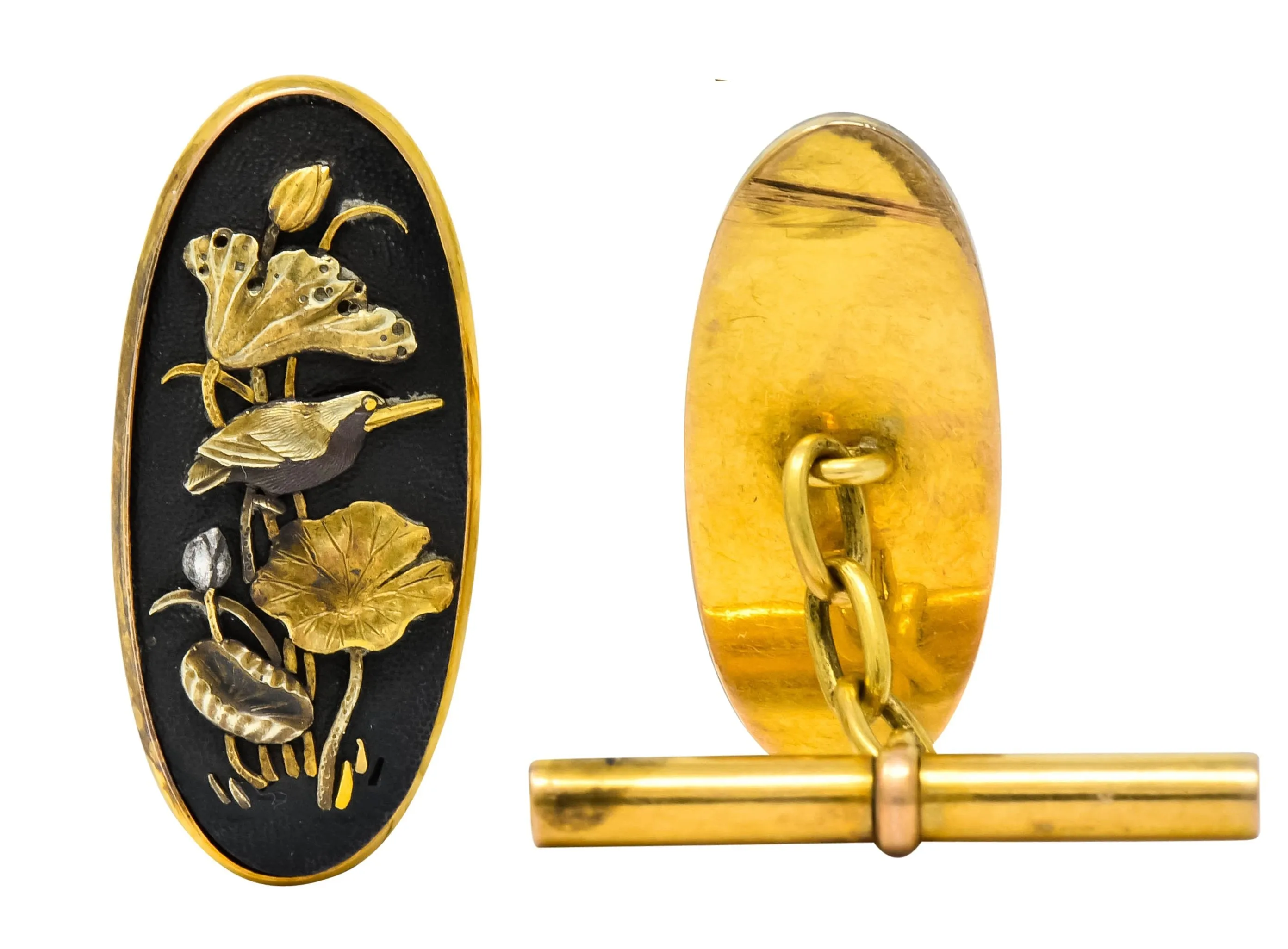 Victorian Shakudo 14 Karat Gold Mixed Metal Floral Bird Men's Cufflinks