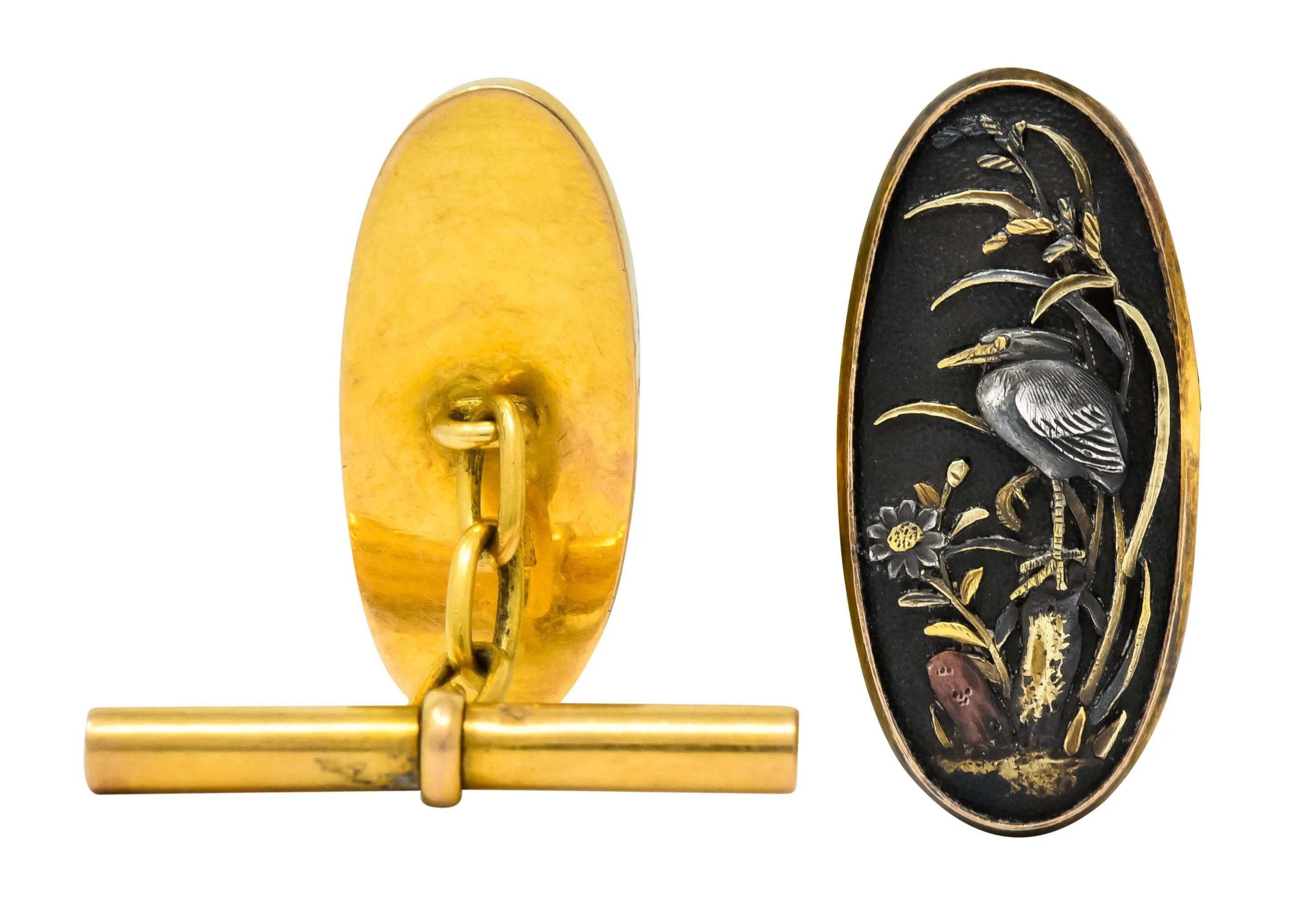 Victorian Shakudo 14 Karat Gold Mixed Metal Floral Bird Men's Cufflinks