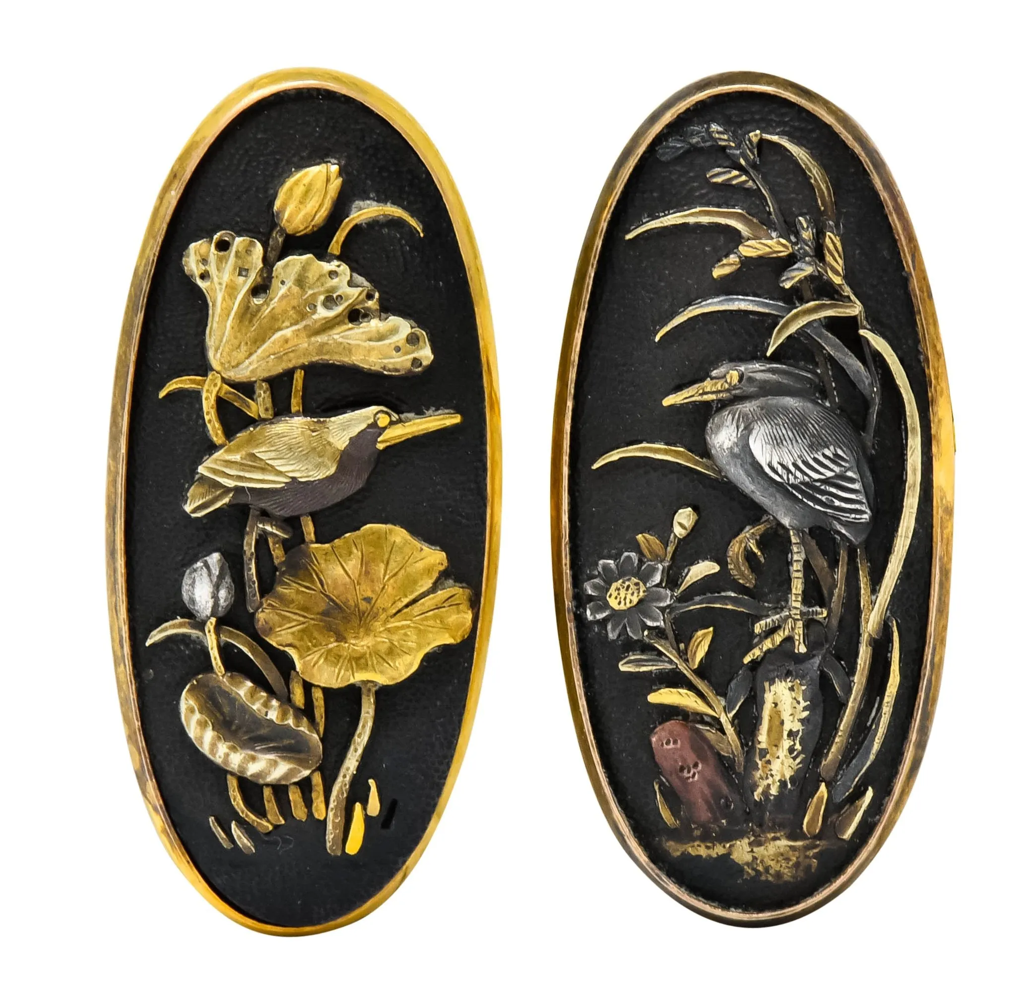 Victorian Shakudo 14 Karat Gold Mixed Metal Floral Bird Men's Cufflinks
