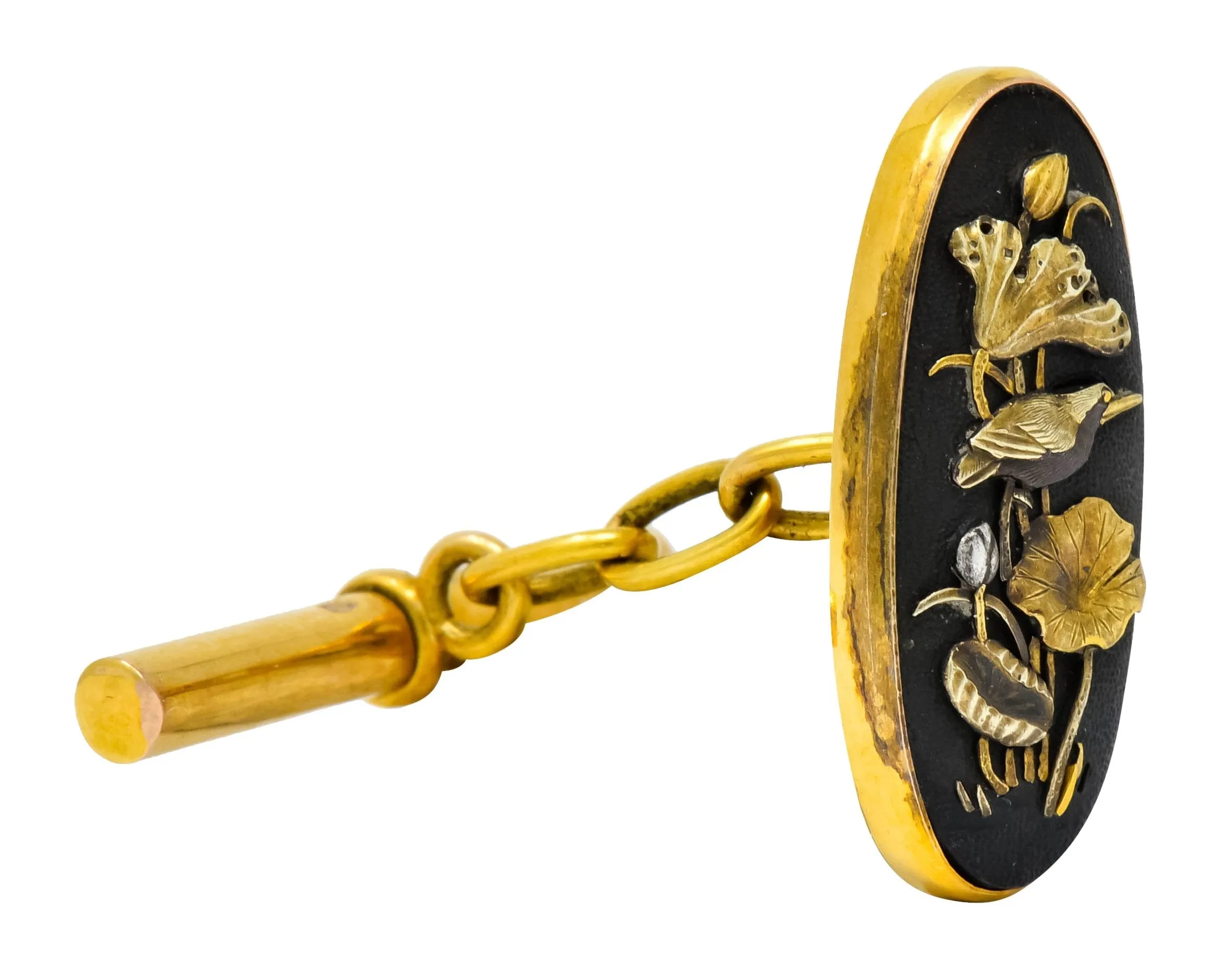Victorian Shakudo 14 Karat Gold Mixed Metal Floral Bird Men's Cufflinks