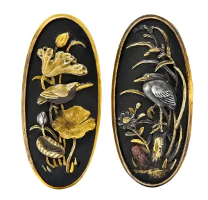 Victorian Shakudo 14 Karat Gold Mixed Metal Floral Bird Men's Cufflinks