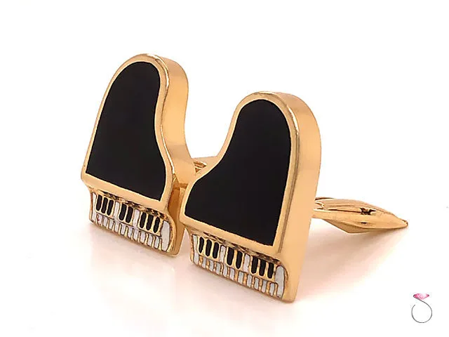 Vintage Black & White Enamel Piano Cufflinks in 14K Yellow Gold