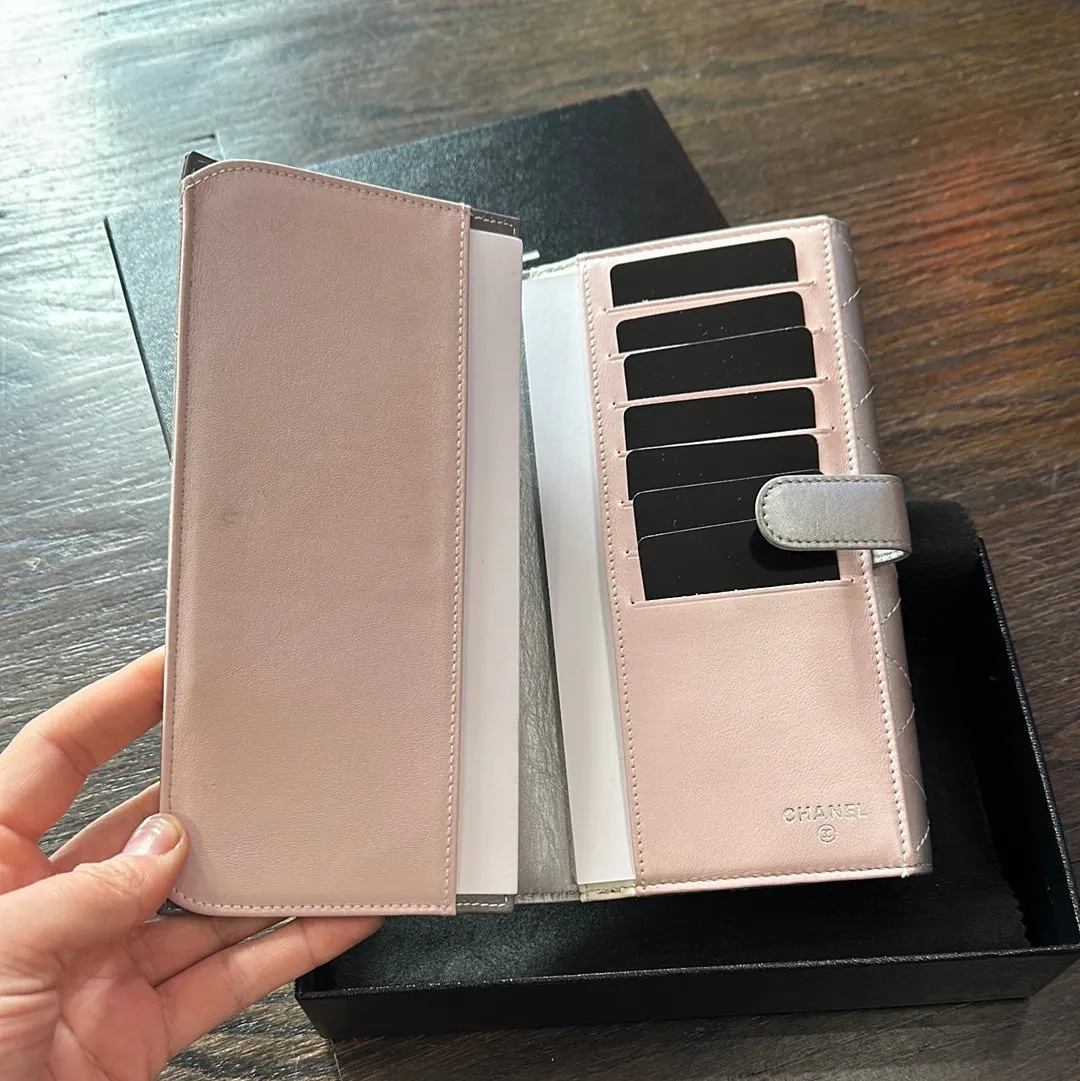Vintage: Chanel Silver Quilted Leather Fold Wallet with Silver CC and Pink Interrior