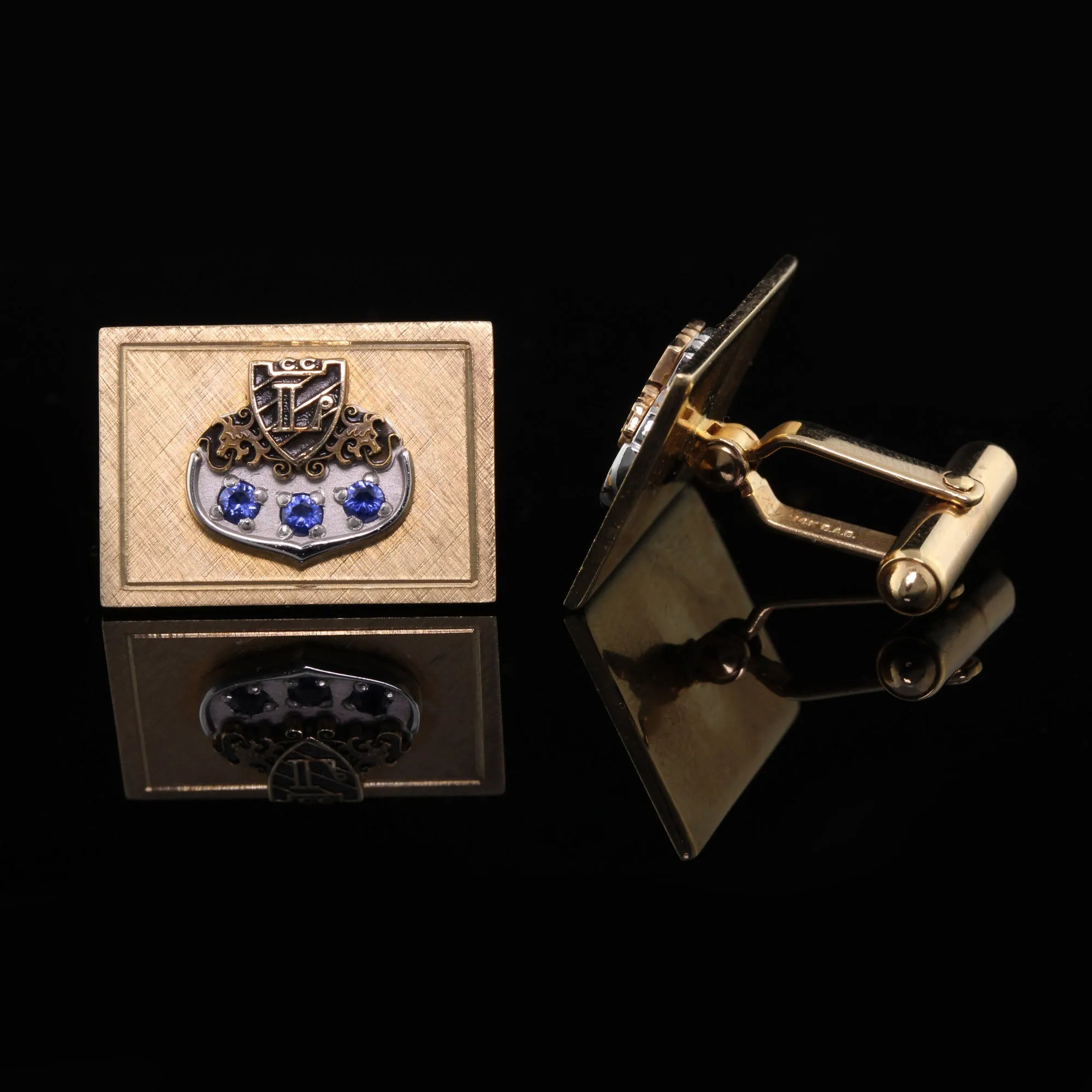 Vintage Estate 14K Yellow Gold, Enamel & Sapphire 'L' Initial Cufflinks