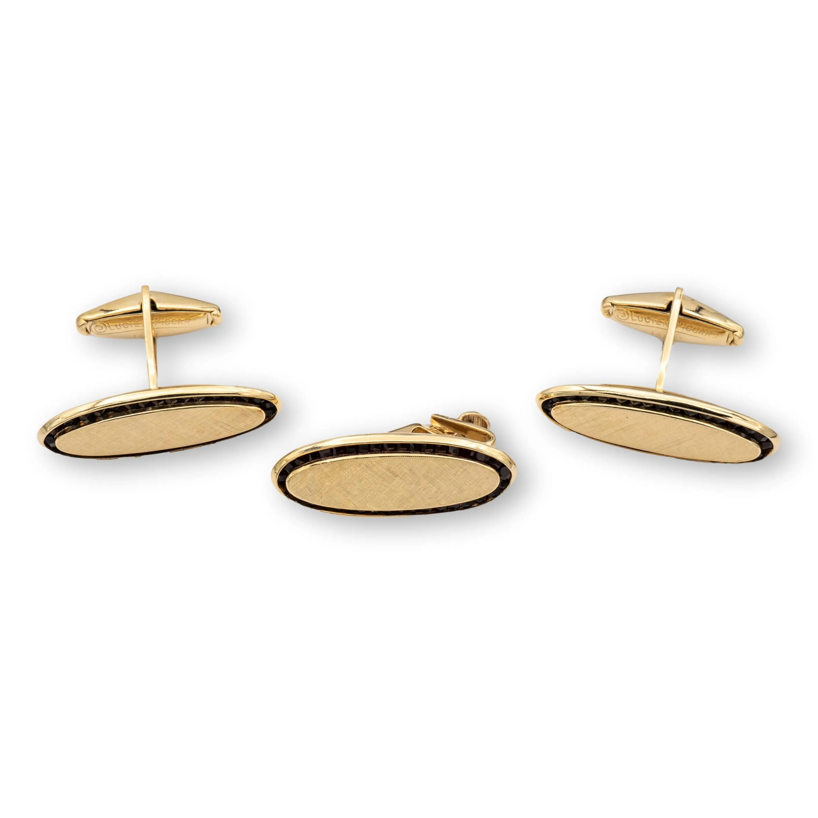 Vintage Lucien Piccard Men's 14K Yellow Gold Garnet Cufflinks and Tie Clip Set