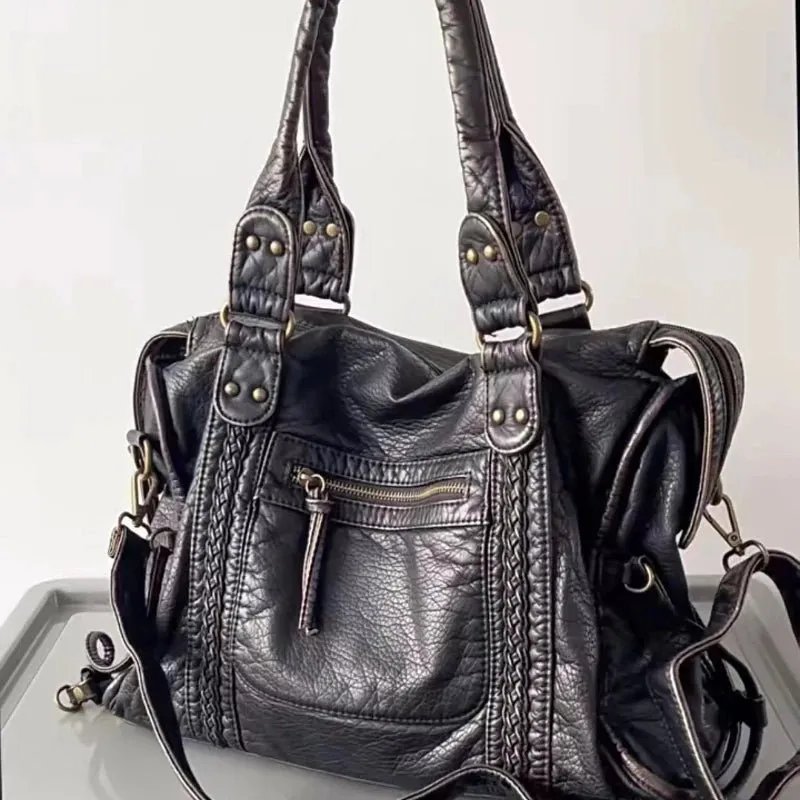 Vintage Washed Leather Motorcycle One Shoulder Crossbody Bag Large Capacity
