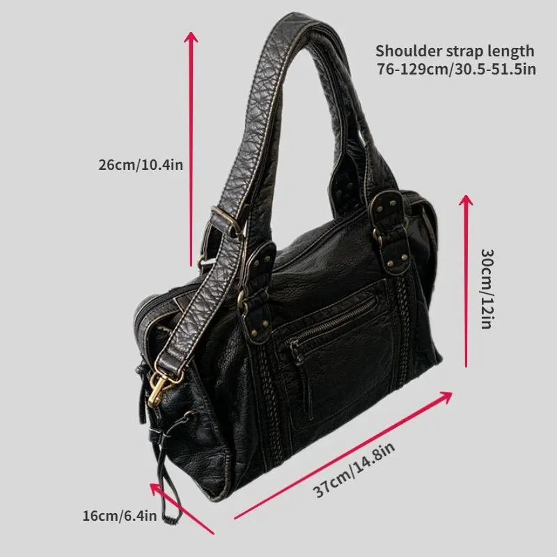 Vintage Washed Leather Motorcycle One Shoulder Crossbody Bag Large Capacity